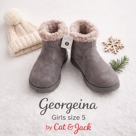 New Cat & Jack Georgeina Girls Sz 5 Gray. Faux: Suede, Fur & Sherling Boots. NIB - Picture 7 of 7